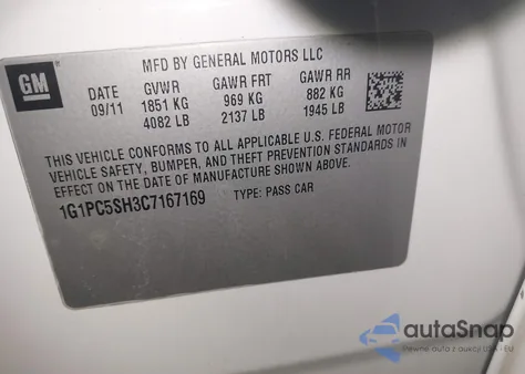 2012 Chevrolet Cruze Ls from USA, damaged, VIN 1G1PC5SH3C7167169